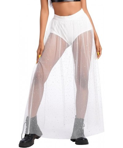 Women Sheer Mesh 2 in 1 Long Sparkly Sequins Tulle Skirt High Waist Sexy Galaxy See Through Festival Maxi Skirts White Sequin...