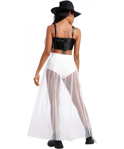 Women Sheer Mesh 2 in 1 Long Sparkly Sequins Tulle Skirt High Waist Sexy Galaxy See Through Festival Maxi Skirts White Sequin...