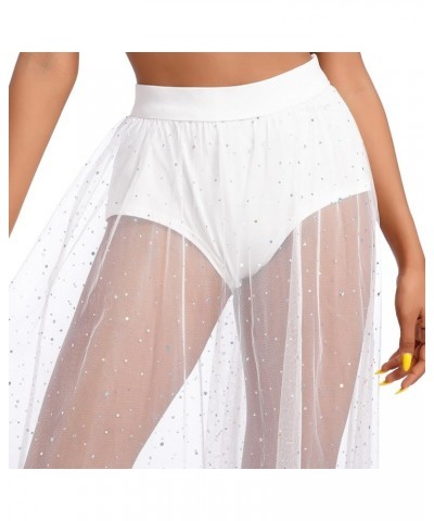 Women Sheer Mesh 2 in 1 Long Sparkly Sequins Tulle Skirt High Waist Sexy Galaxy See Through Festival Maxi Skirts White Sequin...