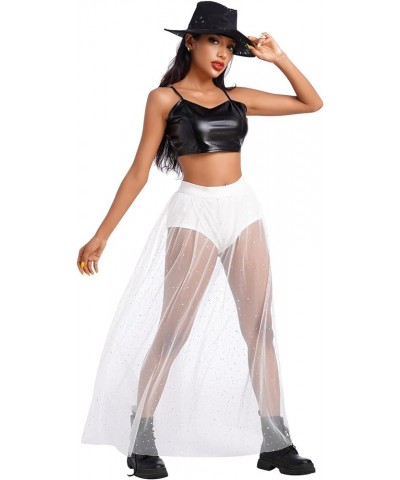 Women Sheer Mesh 2 in 1 Long Sparkly Sequins Tulle Skirt High Waist Sexy Galaxy See Through Festival Maxi Skirts White Sequin...