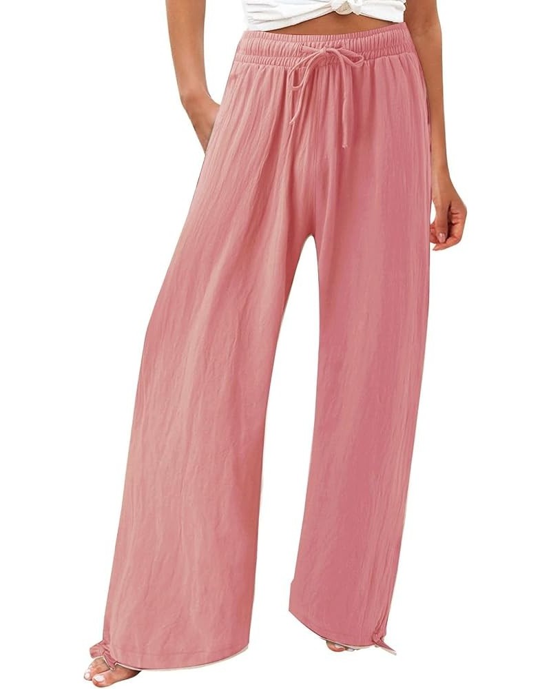 Plus Size Linen Pants for Women High Waisted Cotton Casual Dressy Wide Leg Palazzo Pants Smocked Trousers with Pocket B-pink ...