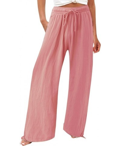 Plus Size Linen Pants for Women High Waisted Cotton Casual Dressy Wide Leg Palazzo Pants Smocked Trousers with Pocket B-pink ...