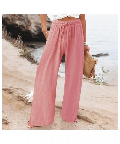 Plus Size Linen Pants for Women High Waisted Cotton Casual Dressy Wide Leg Palazzo Pants Smocked Trousers with Pocket B-pink ...