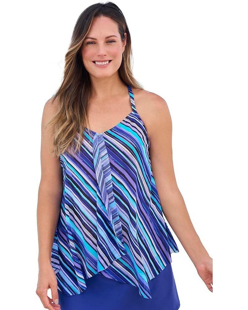 Women's Plus Size Longer Length Mesh Tankini Top Multi Watercolor Stripe $30.59 Swimsuits