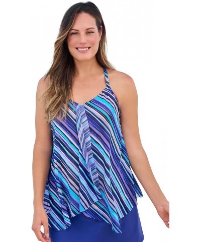 Women's Plus Size Longer Length Mesh Tankini Top Multi Watercolor Stripe $30.59 Swimsuits