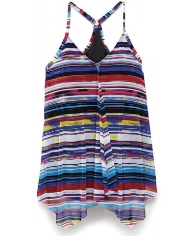 Women's Plus Size Longer Length Mesh Tankini Top Multi Watercolor Stripe $30.59 Swimsuits