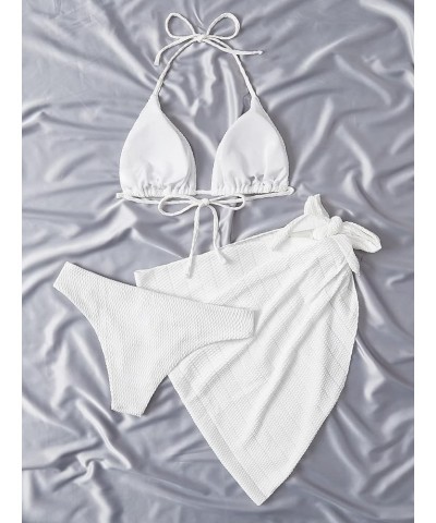 Women's 3 Piece Swimsuits Triangle Halter Bikini Sets Bathing Suit with Beach Cover Up Skirt White $20.15 Swimsuits