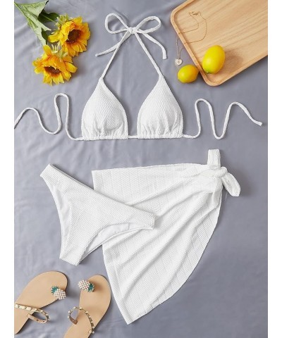 Women's 3 Piece Swimsuits Triangle Halter Bikini Sets Bathing Suit with Beach Cover Up Skirt White $20.15 Swimsuits