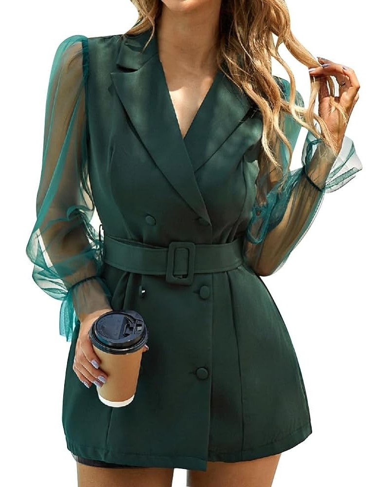 Blazer Dress for Women Elegant Mesh Long Sleeve Double Breasted Belt Blazer Mini Dress Casual Work Office Blazer Jackets Dark...