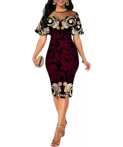 Women's 3/4 Sleeve Bodycon Dresses Work Casual Floral Print Pencil Midi Dresses with Belt J Burgundy $10.25 Skirts