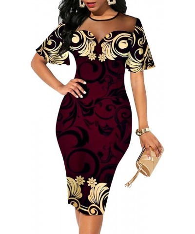 Women's 3/4 Sleeve Bodycon Dresses Work Casual Floral Print Pencil Midi Dresses with Belt J Burgundy $10.25 Skirts