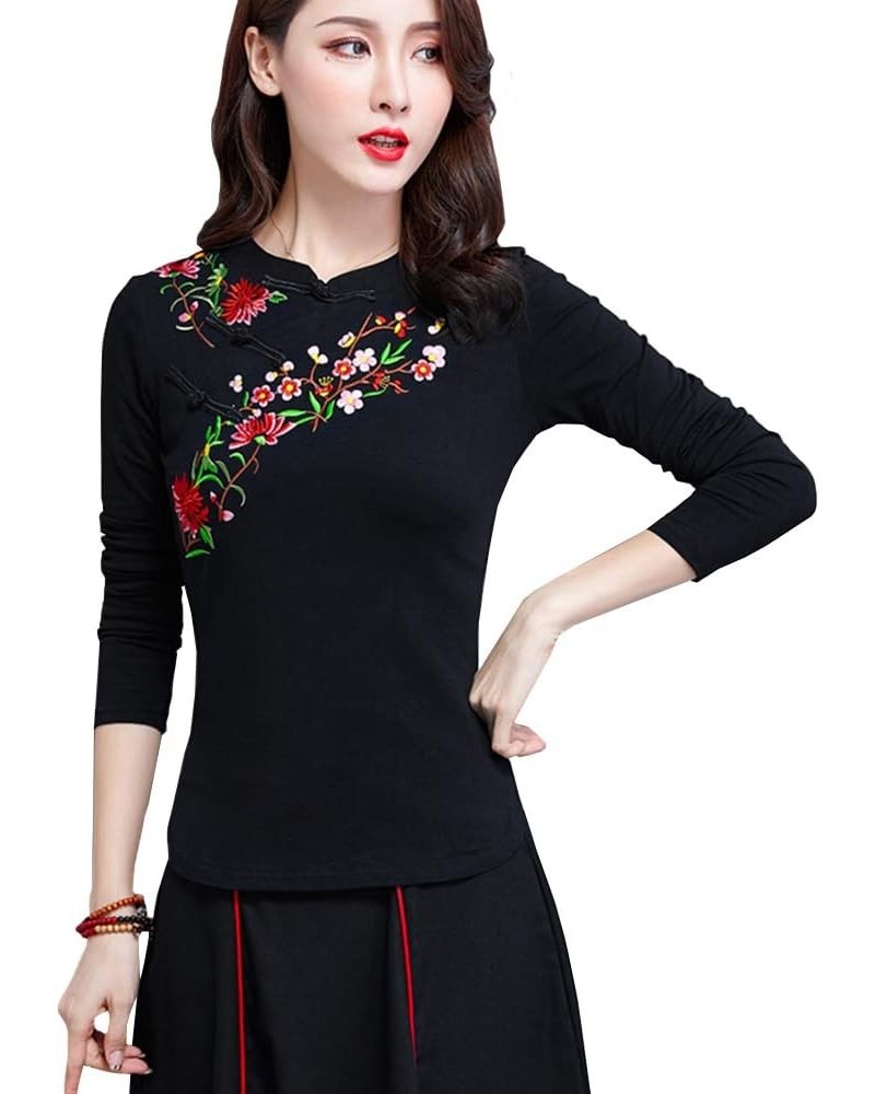 Women Floral Embroidery Chinese Blouse Tops Cotton Blend Long Sleeves Mandarin Collar Ethnic Shirt Black $13.50 Blouses