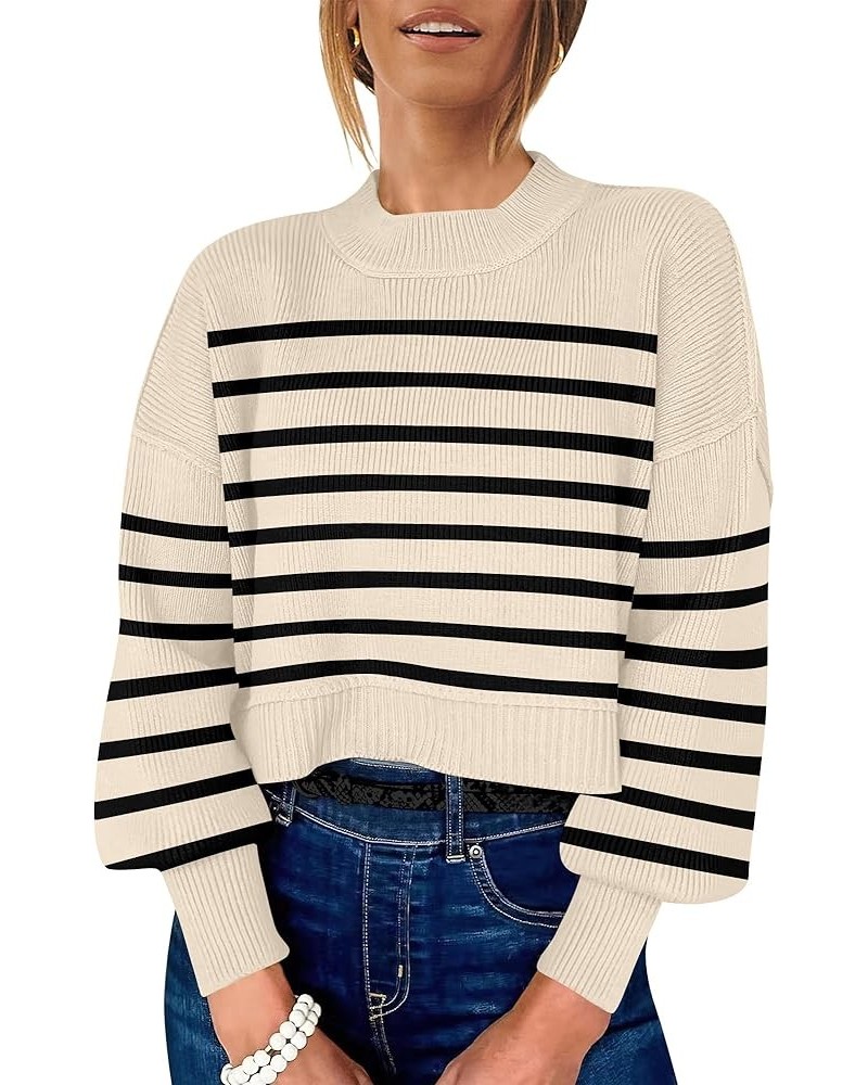 Women Crewneck Cropped Sweater Batwing Sleeve 2023 Trendy Oversized Side Slit Ribbed Knit Pullover Sweater Top Stripe Apricot...