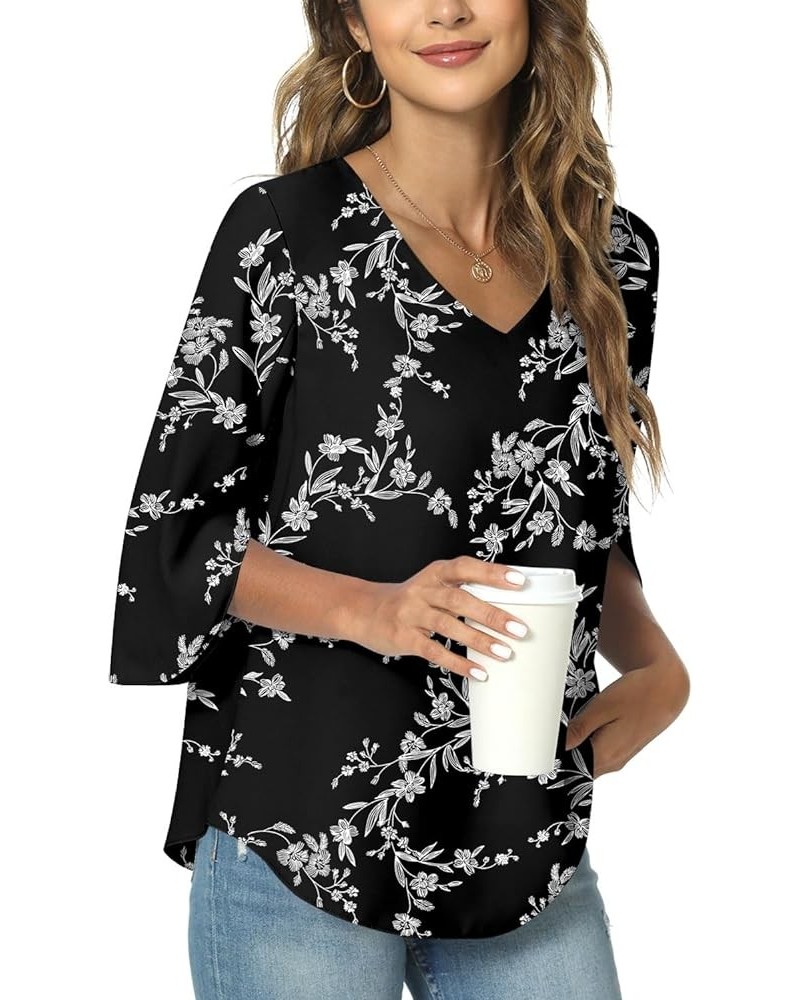 Womens 2024 Casual V-Neck Loose Tunic Top for leggings 3/4 Sleeve Chiffon Blouse Shirt Tops V/Black White Flower $12.40 Tops