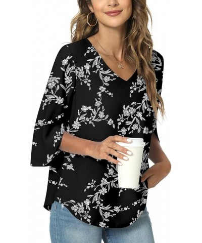 Womens 2024 Casual V-Neck Loose Tunic Top for leggings 3/4 Sleeve Chiffon Blouse Shirt Tops V/Black White Flower $12.40 Tops