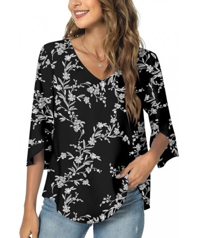 Womens 2024 Casual V-Neck Loose Tunic Top for leggings 3/4 Sleeve Chiffon Blouse Shirt Tops V/Black White Flower $12.40 Tops