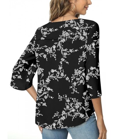 Womens 2024 Casual V-Neck Loose Tunic Top for leggings 3/4 Sleeve Chiffon Blouse Shirt Tops V/Black White Flower $12.40 Tops