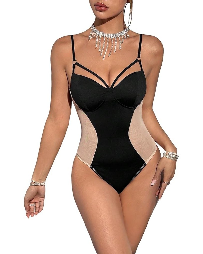 Women's Sleeveless Patchwork Mesh Cut Out Spaghetti Strap Suspender Bodysuit Black $15.11 Bodysuits