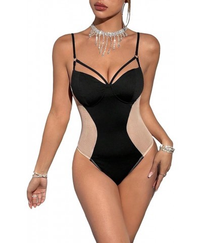 Women's Sleeveless Patchwork Mesh Cut Out Spaghetti Strap Suspender Bodysuit Black $15.11 Bodysuits