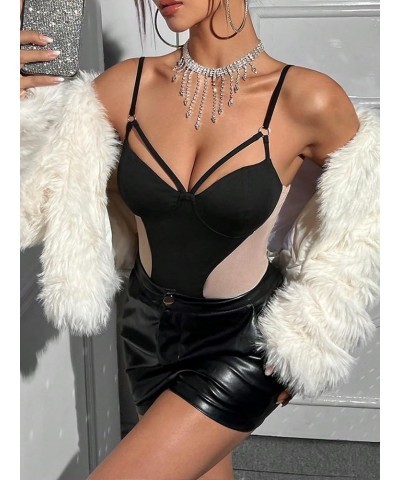 Women's Sleeveless Patchwork Mesh Cut Out Spaghetti Strap Suspender Bodysuit Black $15.11 Bodysuits