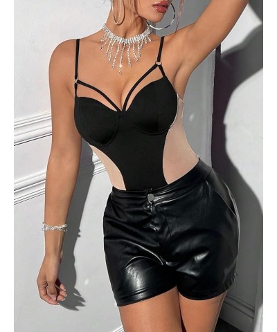 Women's Sleeveless Patchwork Mesh Cut Out Spaghetti Strap Suspender Bodysuit Black $15.11 Bodysuits