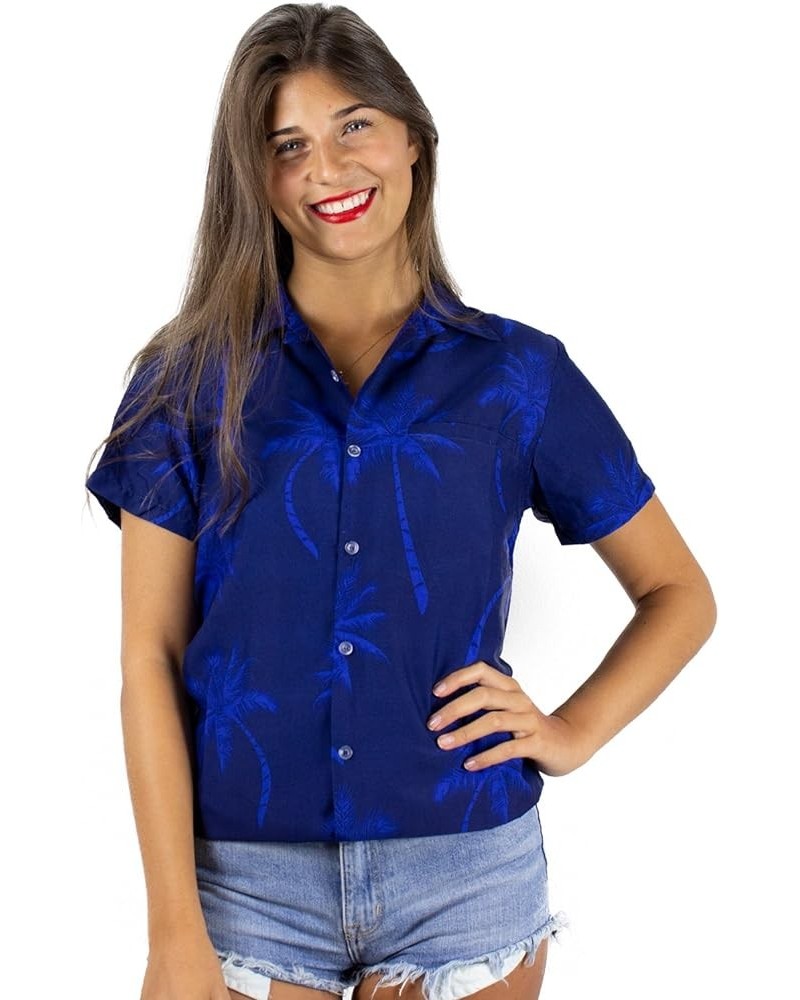 Funky Casual Hawaiian Blouse Shirt Women Front Pocket Button Down Very Loud Shortsleeve Pineapple Flowers Print Navy Blue $12...