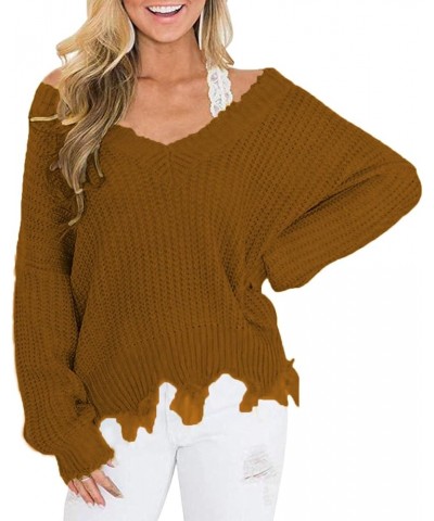 Womens V Neck Sweaters Irregular Tassel Hem Long Sleeve Pullover Cable Knitted Casual Thicken Jumper Fashion Tops Coffee $8.5...