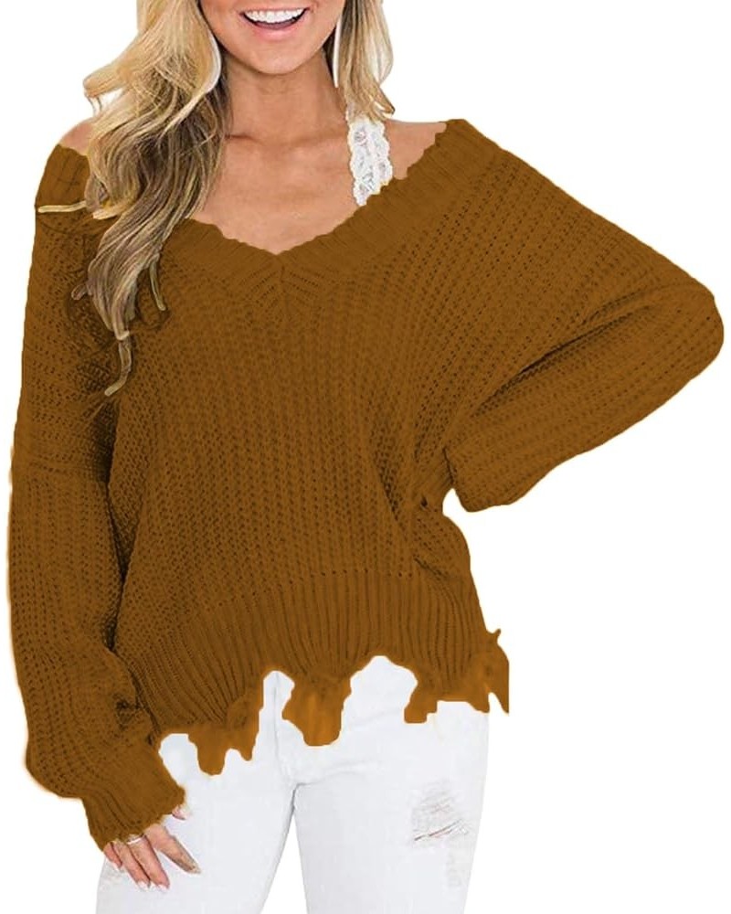 Womens V Neck Sweaters Irregular Tassel Hem Long Sleeve Pullover Cable Knitted Casual Thicken Jumper Fashion Tops Coffee $8.5...