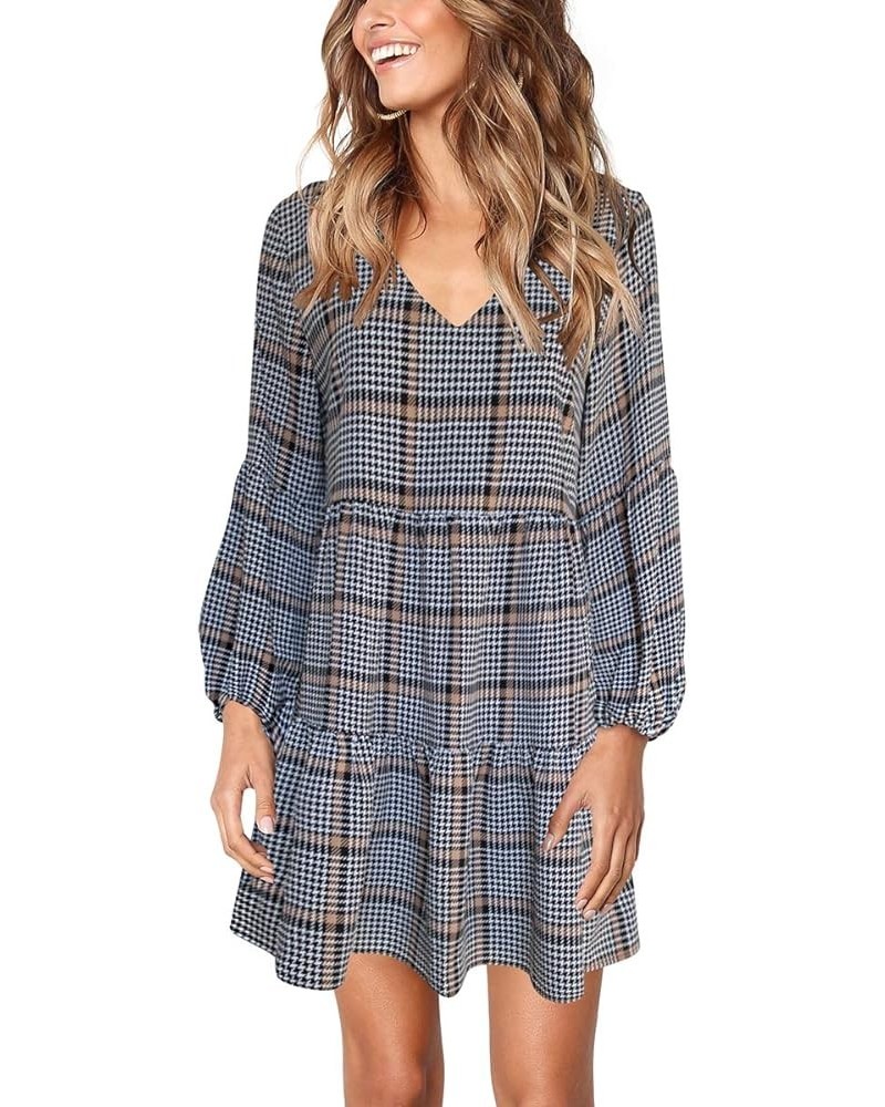 Womens Printed Swing Shift Dress Long Sleeve V Neck Tunic Dress A Houndstooth $23.77 Dresses