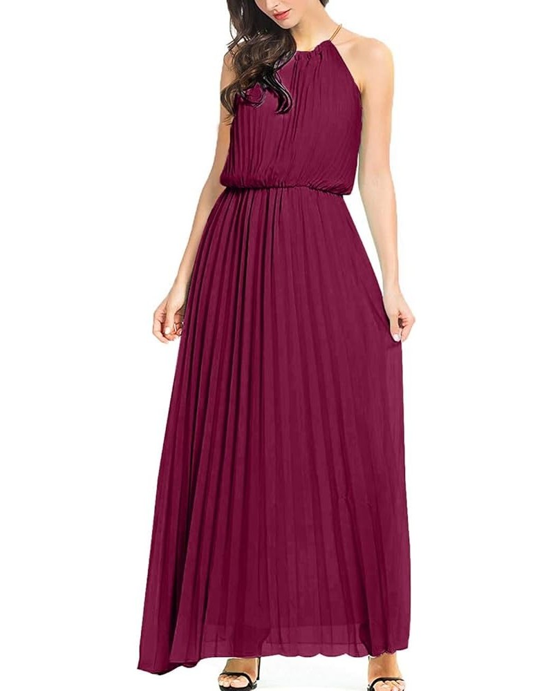 Women's Casual Chiffon Halter Neck Pleated Maxi Dress Burgundy $18.72 Dresses