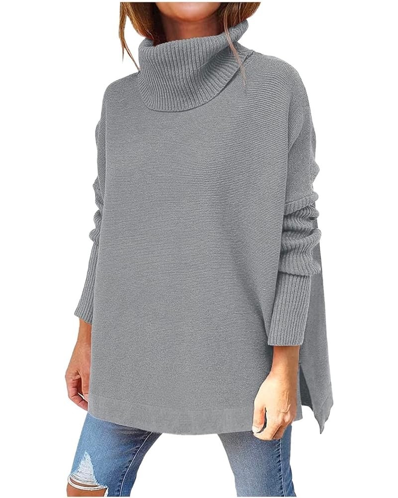 Womens Turtleneck Oversized Sweater 2023 Trendy Oversized Long Sleeve Hem Casual Tunic Pullover Sweater Knit Tops A7-grey $10...