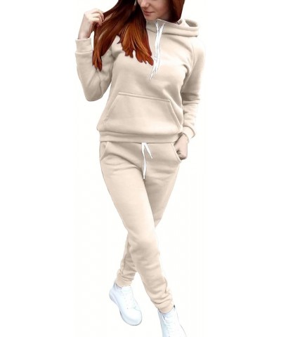 Womens Sweatsuits 2 Piece Set High Waisted Joggers with Pockets Solid Color Matching Hoodie and Sweatpants Set Khaki Jogging ...