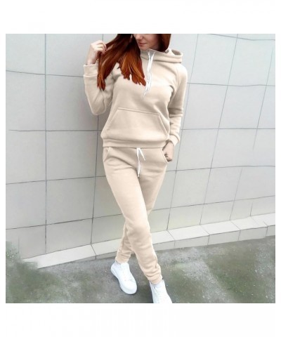 Womens Sweatsuits 2 Piece Set High Waisted Joggers with Pockets Solid Color Matching Hoodie and Sweatpants Set Khaki Jogging ...