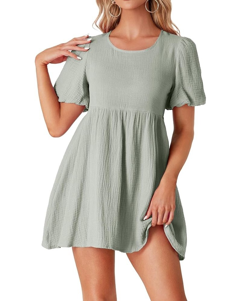 Women's Crew Neck Puff Short Sleeve A-Line Swing Ruffle Hem Short Mini Dress Light Green $16.45 Dresses