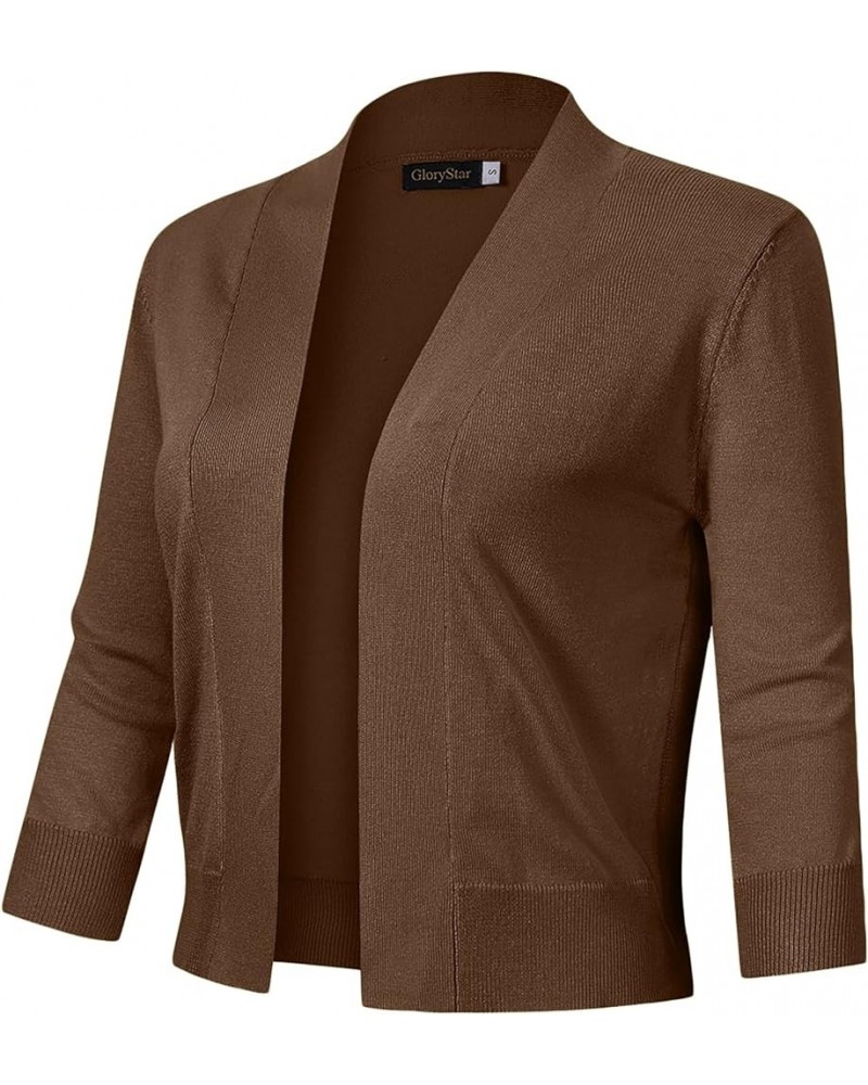 Women's 3/4 Sleeve Cropped Cardigan Sweaters Open Front Knit Short Bolero Shrugs Coffee- $10.00 Sweaters