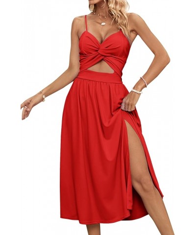 Women's Twist V Neck Sleeveless Spaghetti Strap High Split Ruched Long Dress Red $23.75 Dresses