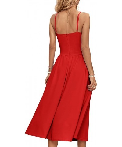 Women's Twist V Neck Sleeveless Spaghetti Strap High Split Ruched Long Dress Red $23.75 Dresses