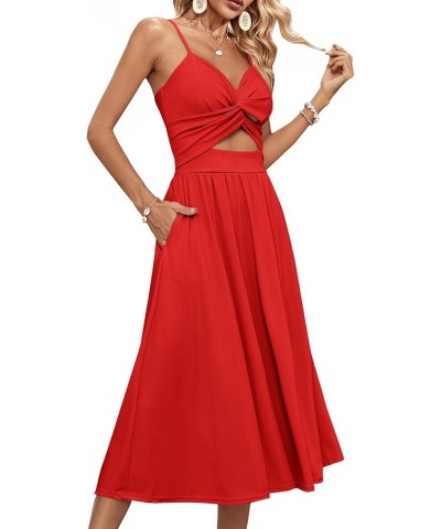 Women's Twist V Neck Sleeveless Spaghetti Strap High Split Ruched Long Dress Red $23.75 Dresses