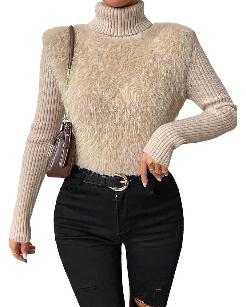 Women's Fuzzy Turtleneck Jumper Top Long Sleeve Fitted Sweater Pullover Khaki $25.19 Sweaters