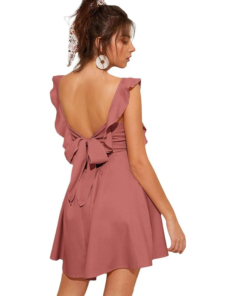 Women's Cute Tie Back Ruffle Strap A Line Fit and Flare Flowy Short Dress Dusty Pink $11.75 Dresses