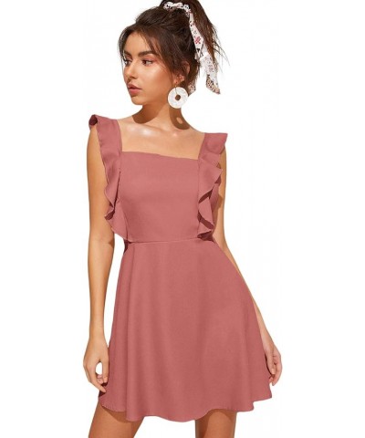 Women's Cute Tie Back Ruffle Strap A Line Fit and Flare Flowy Short Dress Dusty Pink $11.75 Dresses