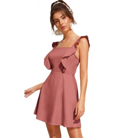 Women's Cute Tie Back Ruffle Strap A Line Fit and Flare Flowy Short Dress Dusty Pink $11.75 Dresses