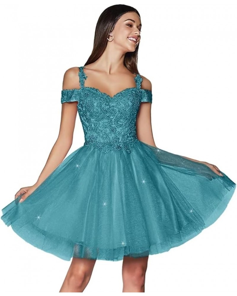 Women's Sparkly Lace Applique Homecoming Dresses Cold Shoulder Tulle Short Beaded Prom Cocktail Party Gowns Aqua Blue $31.71 ...