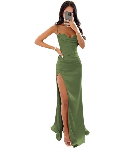 Satin Prom Dresses for Women Long 2024 Spaghetti Straps Mermaid Formal Evening Party Gown with Slit Olive Green $31.34 Dresses