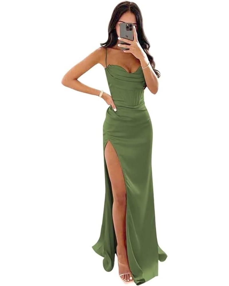 Satin Prom Dresses for Women Long 2024 Spaghetti Straps Mermaid Formal Evening Party Gown with Slit Olive Green $31.34 Dresses