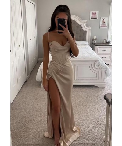 Satin Prom Dresses for Women Long 2024 Spaghetti Straps Mermaid Formal Evening Party Gown with Slit Olive Green $31.34 Dresses