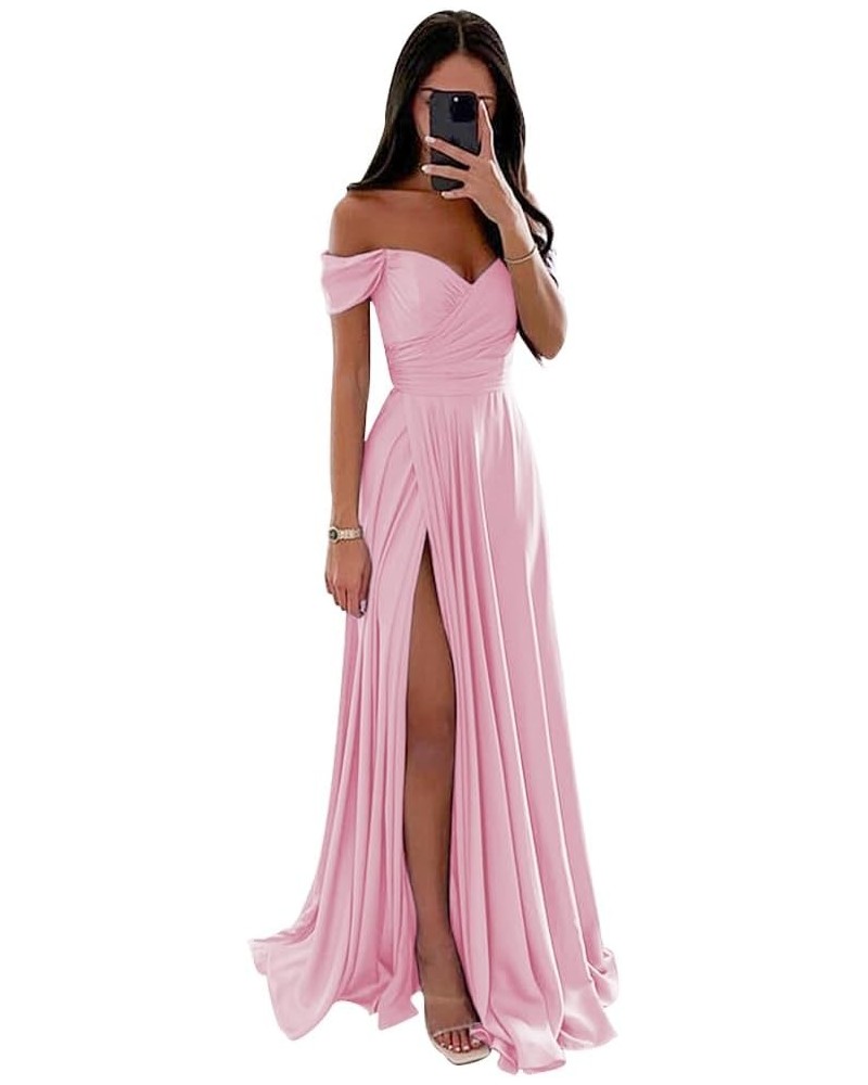 Off Shoulder Satin Bridesmaid Dresses for Wedding Long Ruched A Line Corset Formal Prom Dress with Slit Pink $30.24 Dresses