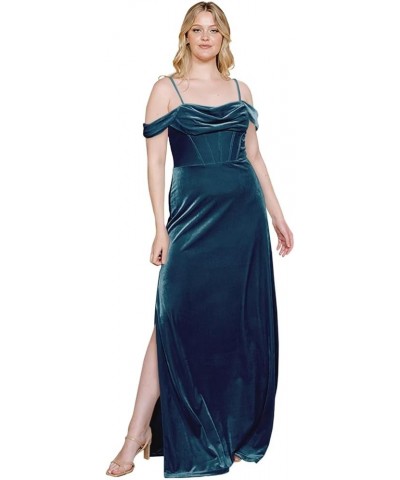 Velvet Off Shoulder Long Bridesmaid Dresses Cowl Neck Formal Gowns Evening Dress with Slit Dark Blue $27.50 Dresses