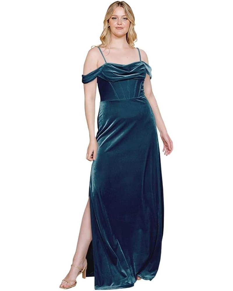 Velvet Off Shoulder Long Bridesmaid Dresses Cowl Neck Formal Gowns Evening Dress with Slit Dark Blue $27.50 Dresses