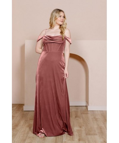 Velvet Off Shoulder Long Bridesmaid Dresses Cowl Neck Formal Gowns Evening Dress with Slit Dark Blue $27.50 Dresses